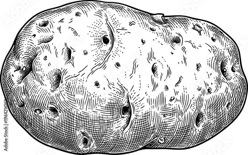 Textured raw potato with eyes in detailed etching style