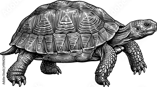 Tortoise walking slowly in detailed vintage engraving style
