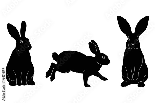 Three black rabbit silhouettes in various poses, including sitting, running, and standing, against a clean white background.