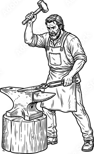 Traditional smithy working with tongs and hammer at anvil