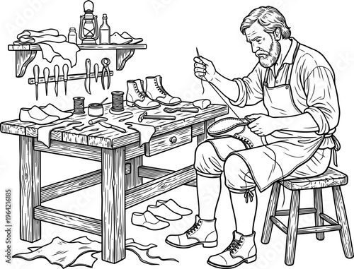 Traditional bootmaker stitching leather in a workshop
