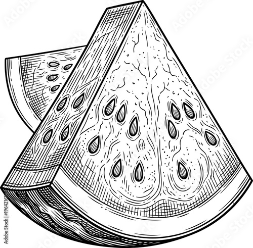 Triangular watermelon wedges featuring seeds in woodcut style