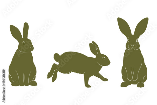 Three green rabbits in various poses, including sitting, standing, and running, depicted as vector illustrations.