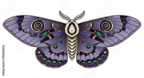 Vibrant purple moth with green eyespots and colorful wings spread wide on white background