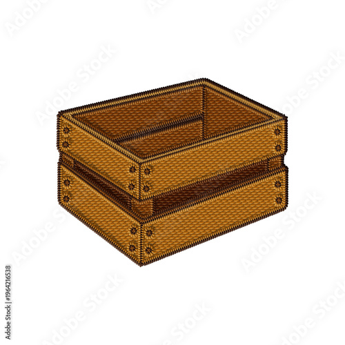 Embroidered wooden crate clipart with realistic stitched texture. Rustic vintage box, perfect for farm, market, grocery and retail branding projects
