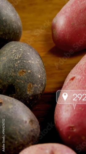 Vertical video: After short pause UI icons appearing over potatoes shifting counts to show interest