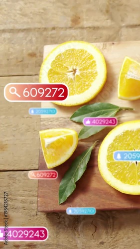 Floating badges popping over sliced oranges on board, pointer tapping search tag causing ad counts