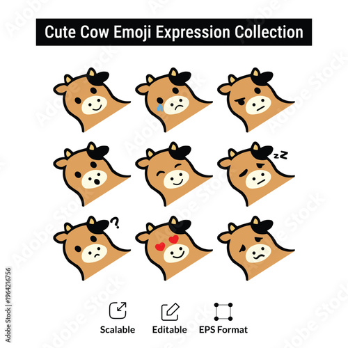 Cute Brown Cow Emoji Face Collection - Minimalist Kawaii Cattle Expressions Vector
