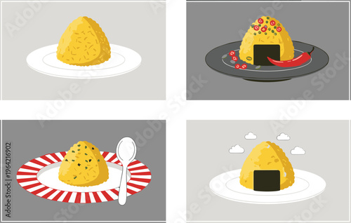 Rice dishes and omurice style meals vector illustration set, Japanese inspired food plates with sauces and garnishes isolated on background, delicious cuisine collection