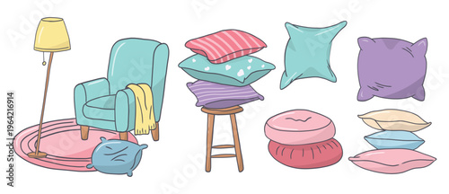 pillow flat cartoon set armchair, lamp and rug. Home interior textile. Sofa bed sleep cozy pillows mockup template. Feather, bamboo eco fabric. interiors design decoration for relax and sleep