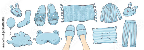 Pajama day card set with blue striped pajamas, bunny slippers, pillow, socks and balloon doodle hand drawn cartoon slumber party and sleeping design