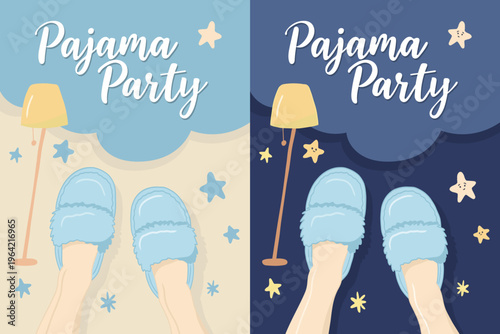 Pajama day slumber party card sleeping doodle hand drawn with native design feet in slippers, a lamp, clouds and stars in the night sky for kids invitations and social media.