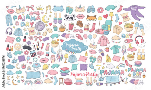 Pajama day slumber party sleeping doodle hand drawn set with native design elements for kids invitations and social media.