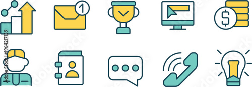 Icons representing various business and communication success elements