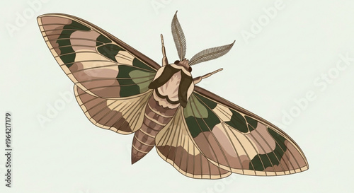 Brown and green moth with open wings on light background insect illustration