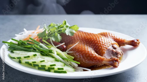 Whole Roasted Duck Served With Fresh Sliced Vegetables and Herbs on a White Plate