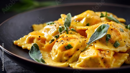 Gourmet pumpkin ravioli drizzled with creamy butter sauce and fresh sage leaves served on a dark ceramic plate for an elegant fine dining experience at a restaurant