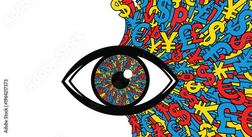 A stylized, wide-open eye with a multi-colored iris composed of tiny currency symbols is gazing rightward at a dense field of large currency symbols.