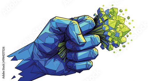 A robust, low-polygon fist, rendered in varying shades of blue with yellow highlights, is tightly closed and angled slightly downward, clutching a vibrant cluster of green and yellow cubic shapes.