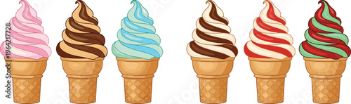  swirl, creamy, cold, treat, snack, summer, colorful, flavor, waffle, sugar, delicious, tasty, refreshment, scoop, dairy, indulgent, collection, set, vector, illustration, isolated,