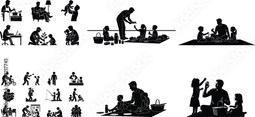 Family picnic and parenting silhouette set with father and children outdoor activities, bonding, playing and lifestyle scenes vector collection isolated on white background