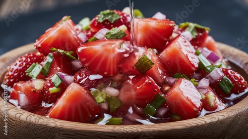 Fresh Strawberry Salsa With Red Onion and Mint Being Drizzled With Dressing in a Wooden Bowl