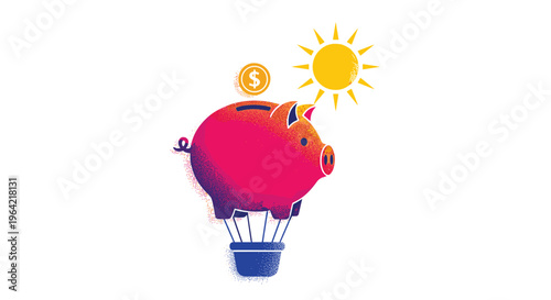 A grainy stipple gradient illustration features a hot air balloon shaped like a pink and red piggy bank with dollar coins and a sun on a white background.
