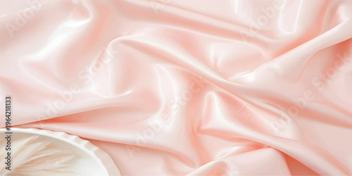 Soft pink satin fabric texture with shiny folds, elegant draped textile background