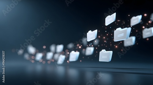 Digital illustration of a stream of data or files flowing in a futuristic, dark, digital environment with glowing particles, data center