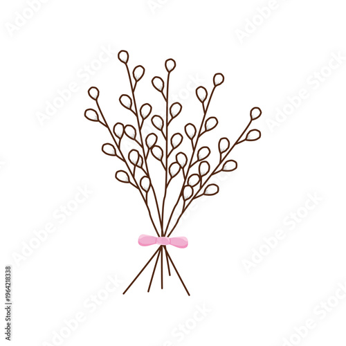 Bouquet of Willow Branches with Pink Bow Vector Illustration