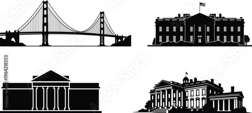 Black silhouette illustration set of Golden Gate Bridge, White House, Capitol and classical buildings, iconic USA landmarks vector isolated on white background