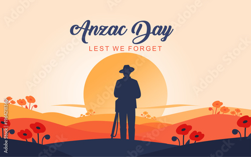 ANZAC Day Lest We Forget Banner – Soldier Silhouette Sunset Remembrance Illustration