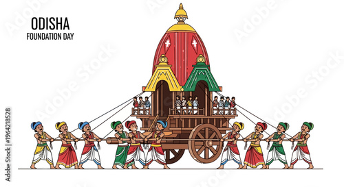 Vector illustration of people pulling a colorful chariot on Odisha Foundation Day, celebrating Indian cultural heritage with traditional design elements.