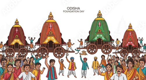 Illustration of a vibrant Odisha Foundation Day celebration with traditional Indian chariots and people in festive attire against a clean white background.