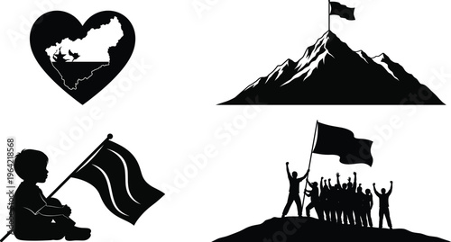 Patriotic silhouettes showing national struggle victory child with flag mountain peak achievement unity concept and symbolic country identity design