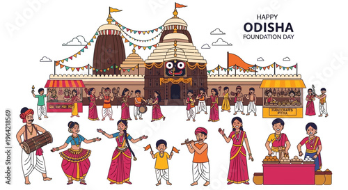 Illustration of people celebrating Odisha Foundation Day with traditional dance and music in front of a temple, with a vibrant and festive atmosphere.