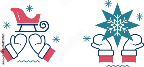 Holiday hands forming a sleigh and snowflake with festive gloves