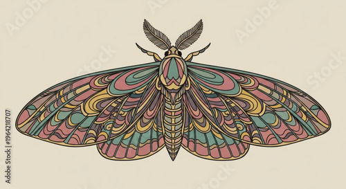 Colorful moth with swirling patterns on wings insect illustration vibrant pink blue and yellow hues