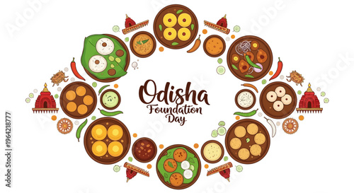 A colorful illustration of various Indian dishes arranged in a circular pattern to celebrate Odisha Foundation Day on a white background with cultural and festive elements.