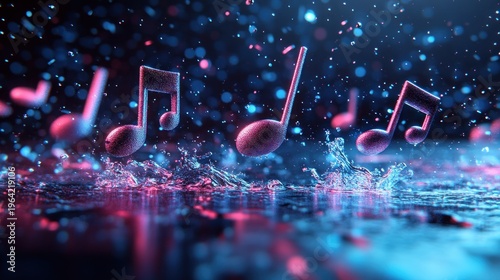 Musical notes falling in rain, neon lighting