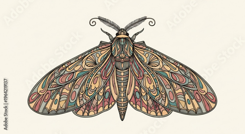 Colorful moth with intricate wing patterns on a plain background showcasing nature's beauty and detailed insect art
