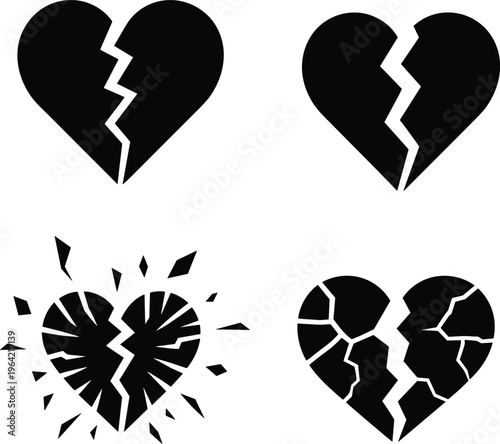 Broken heart icons, shattered heart, cracked heart, exploding heart, fragmented heart, emotional pain symbols, heartbreak illustration, flat vector illustration