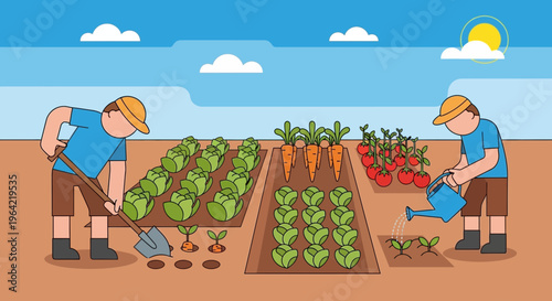 Two Farmers Working Together in a Vegetable Garden.