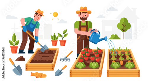 Two Farmers Working Together in a Garden.