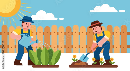 Two gardeners tending to plants in a sunny garden setting.