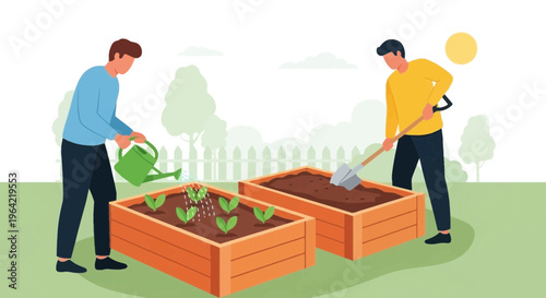 Two men gardening in raised beds with plants and soil.