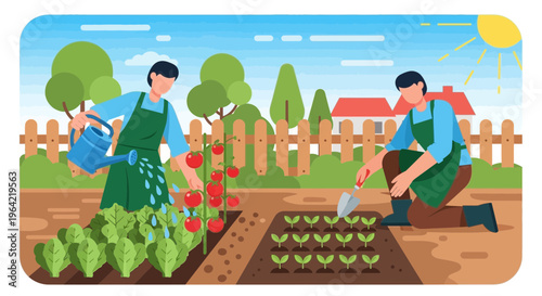 Two men gardening planting vegetables and watering plants.