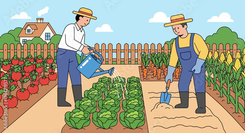 Two men tending to a vegetable garden with fresh produce.