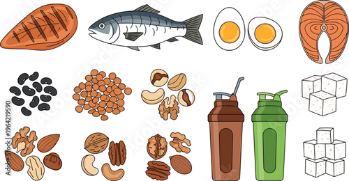 Protein Rich Food Collection Featuring Fish, Eggs, Nuts, Legumes, and Supplements