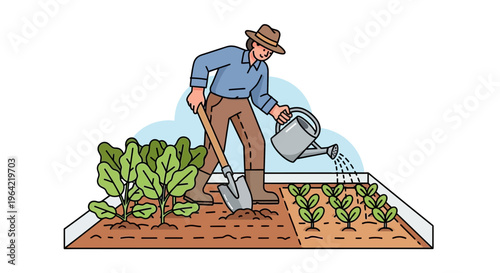 Farmer tending to crops with watering can and shovel.
